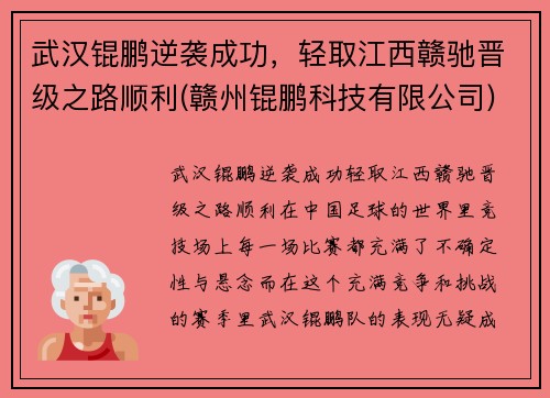 武汉锟鹏逆袭成功，轻取江西赣驰晋级之路顺利(赣州锟鹏科技有限公司)